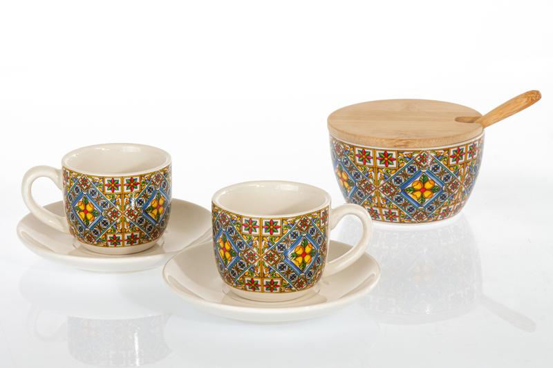 Tazze da caffÃ¨ con zuccheriera ceramica decoro geometrico mediterraneo Tazzine CaffÃ¨ Mug Tazze e Zuccheriere